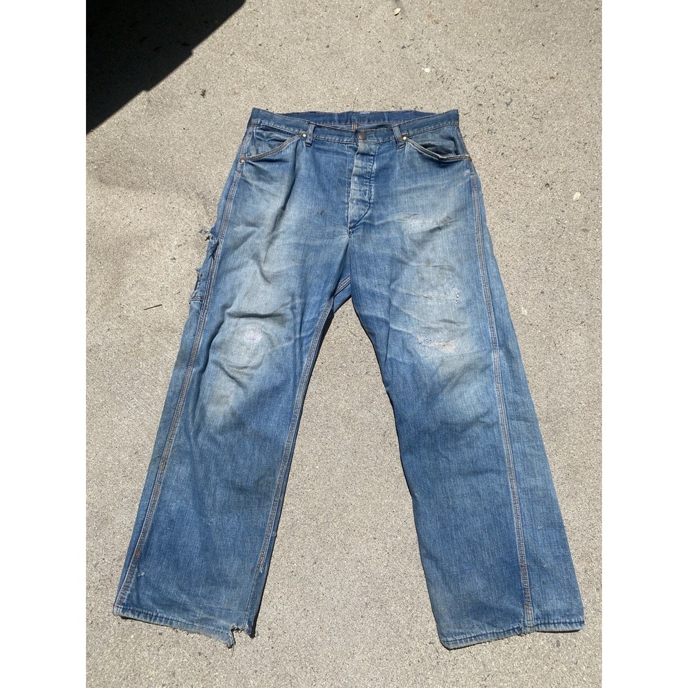 Vintage 40s 50s Denim Carpenter Pants Jeans 35x29 Distressed Button Fly Workwear
